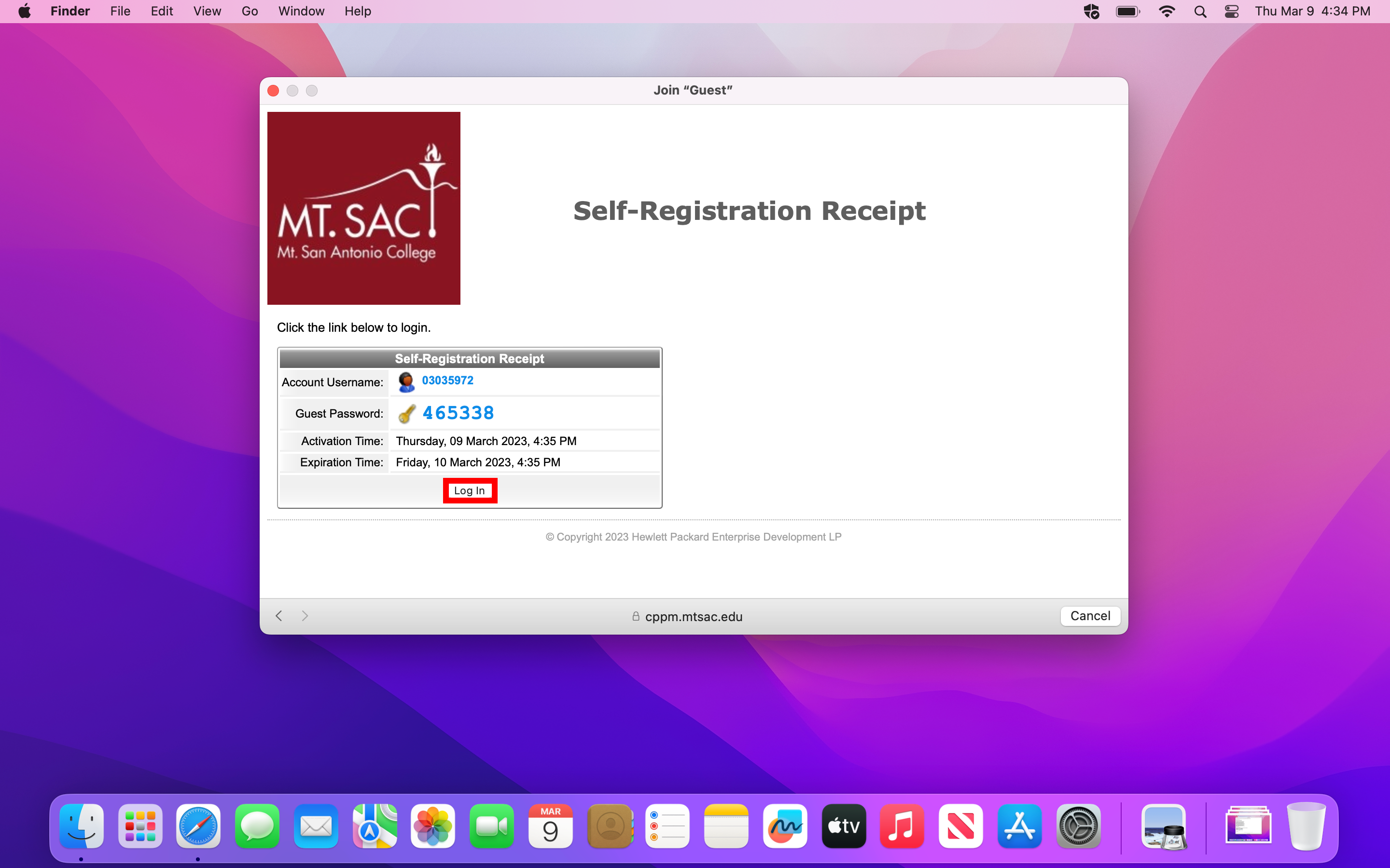 MacOS screen with the registered info displayed and the Login button highlighted