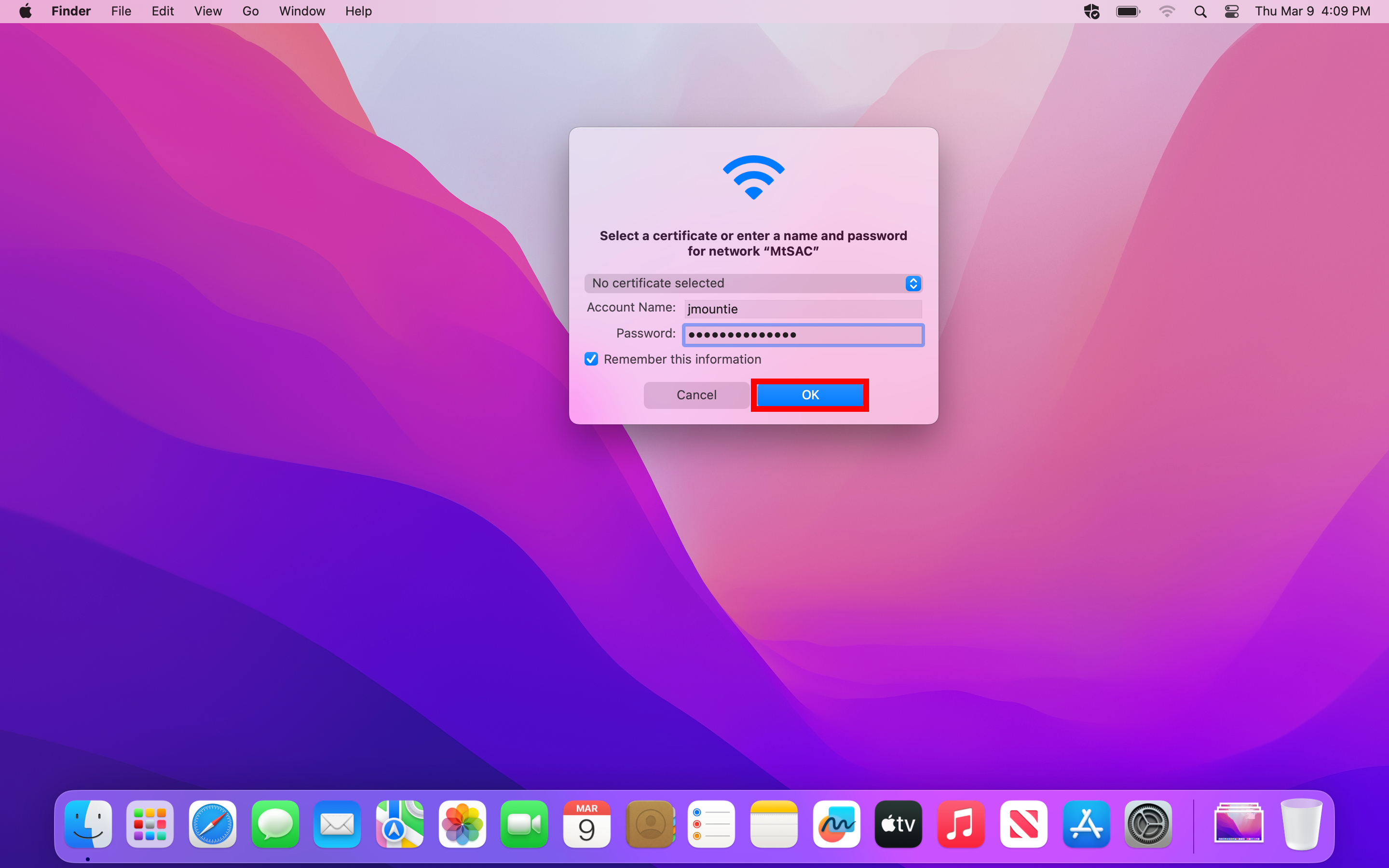 MacOS Screen with the network authentication menu open. No certificate is selected, the Username and Password fields are filled and the OK button is highlighted.