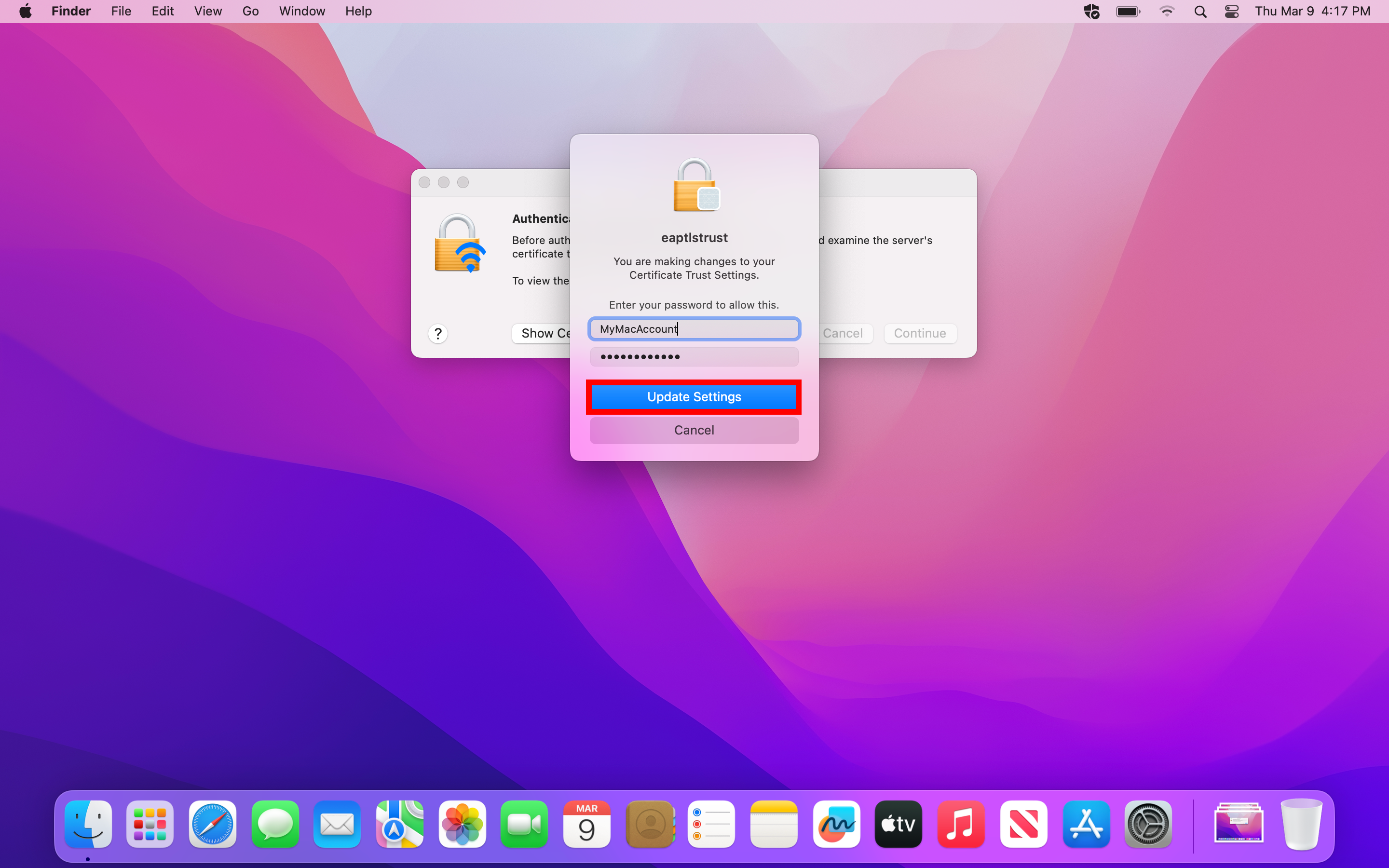 MacOS screen with system authentication menu displayd, the username and password fields are filled and the Update Setings button is hightlighted.