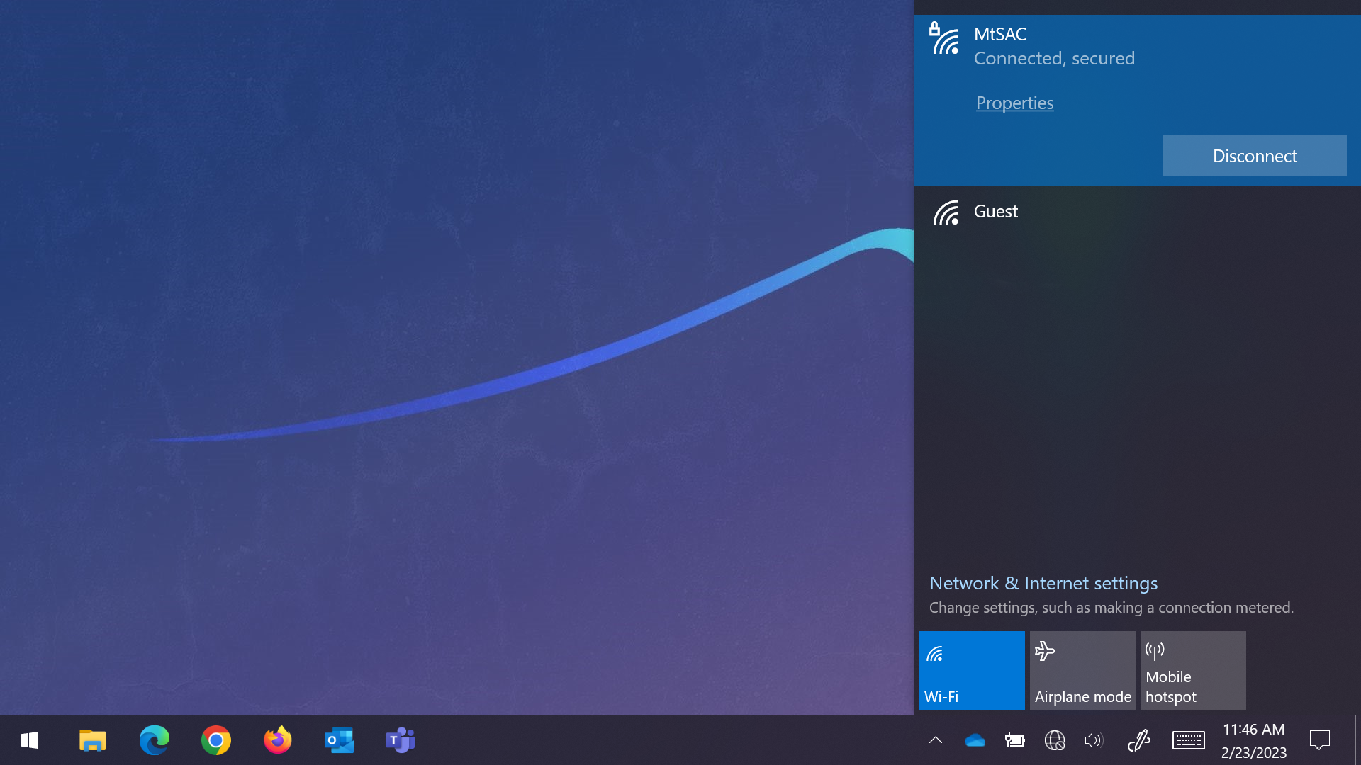 Windows desktop with the Wi-Fi menu open and the MtSAC network showing Connected.ton highlightedutton highlighted