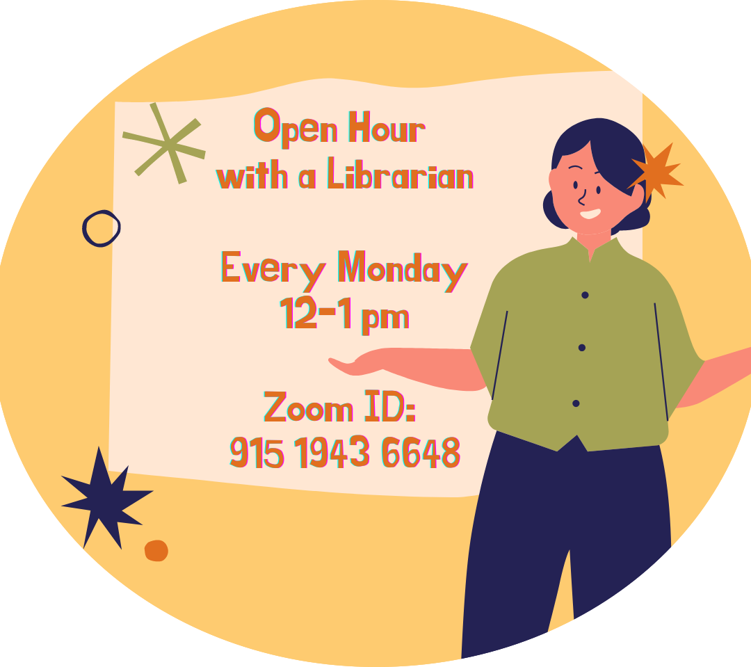 Open hour with a librarian, every Monday 12-1 on zoom