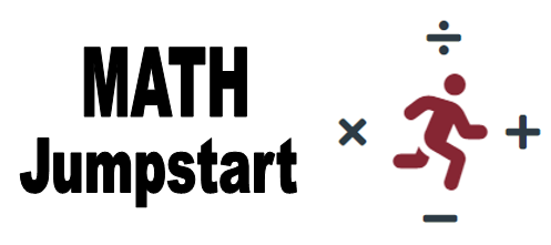 Math Jumpstart Logo. Person running/jumping surrounded by math symbols (+, -, times, division).
