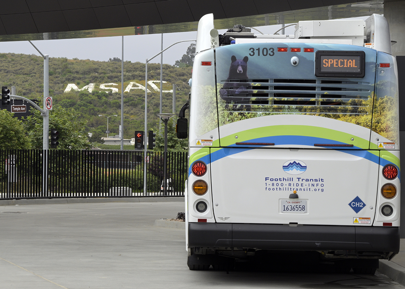A Foothill Transit bus parks at the Mt. SAC Transit Center.