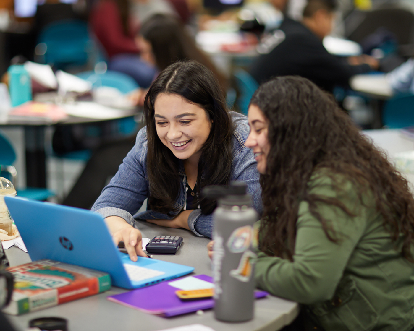 Two students use a computer to gain information. 