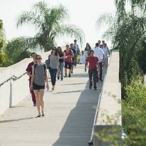 Students crossing a bridge