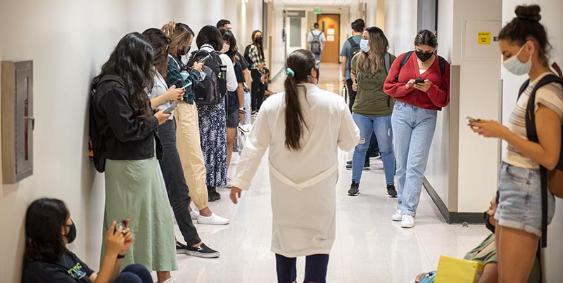 Students on thier phones in a hallway