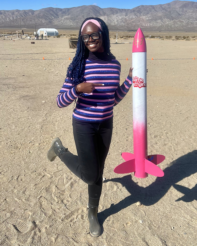 Vanessa Obasi with the rocket she built.