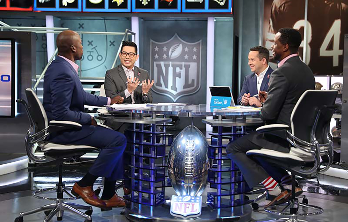 Mt. SAC professor James Koh (second from the left) on the set of an NFL Network show.