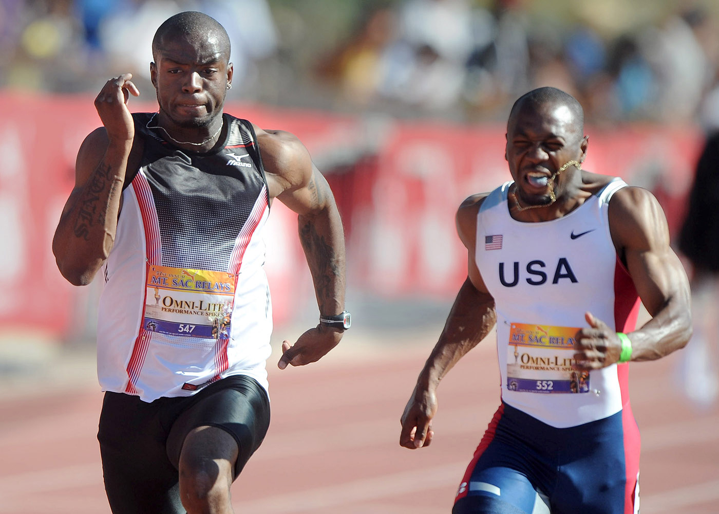 Runners dig deep against each other during a race at the Mt. SAC Relays.