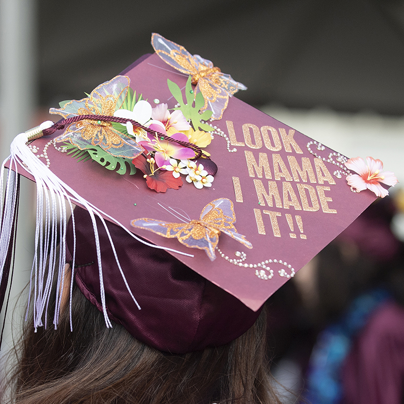 Photo of a Mt. SAC graduation cap with the words "Look, mama, I made it" on top of it.