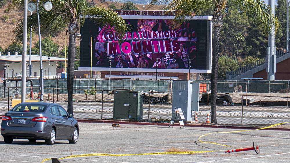 The stadium scoreboard offers congratulations