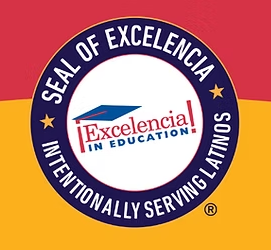 a circular seal set against a red and yellow background reads Excelencia in Education