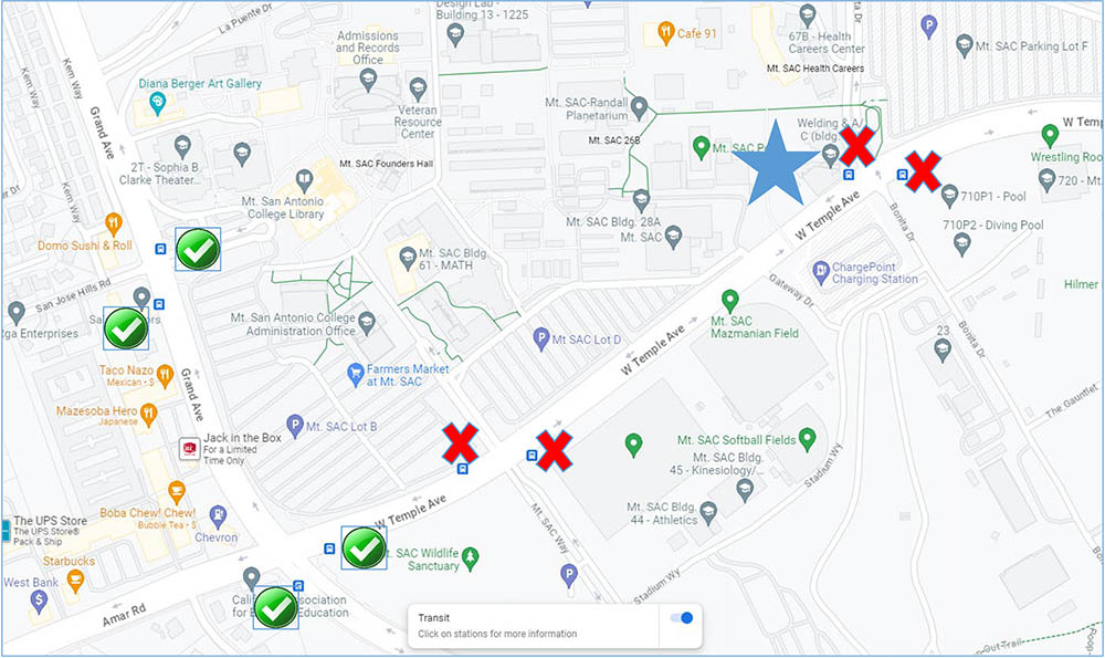 Map showing open and to-close bus stops, as well as the new transit center