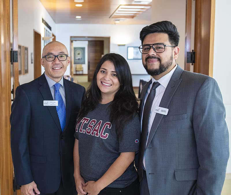 Daija Lopez (center) with Koji Uesugi, Dead of Student Services (L) and Rigo Estrada, Basic Needs Coordinator (R)