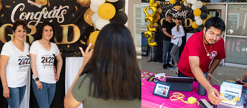 A students pose for photos, while a worker prints those photos up