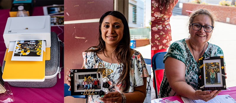 A printer prints photos, while students hold up their decorated frames