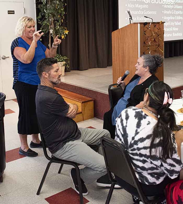 A student's speech in sign language is translated