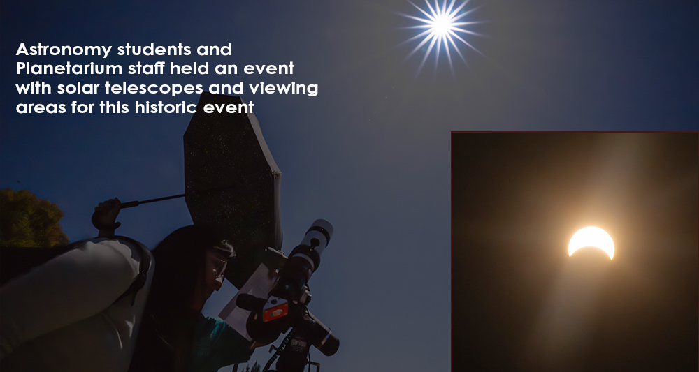 Astronomy Students and Planetarium staff held an event with solar telescopes and viewing areas for this historic event