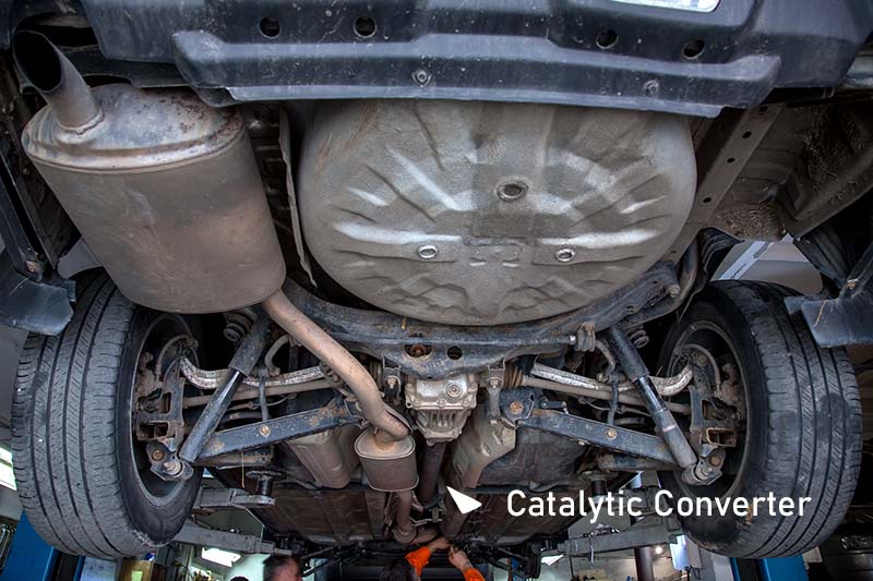 Undercarriage of vehicle with catalytic converter pointed out