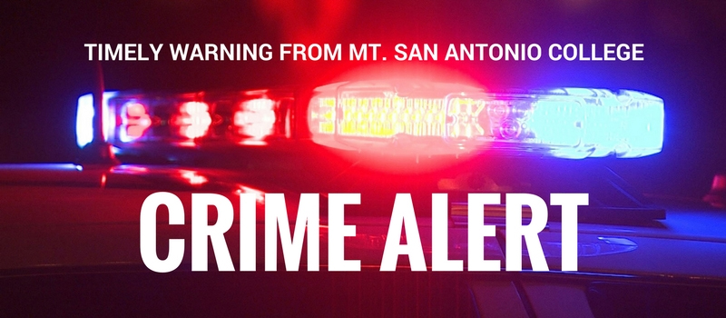 a police car and siren with words "CRIME ALERT: Timely Warning from Mt. San Antonio College"