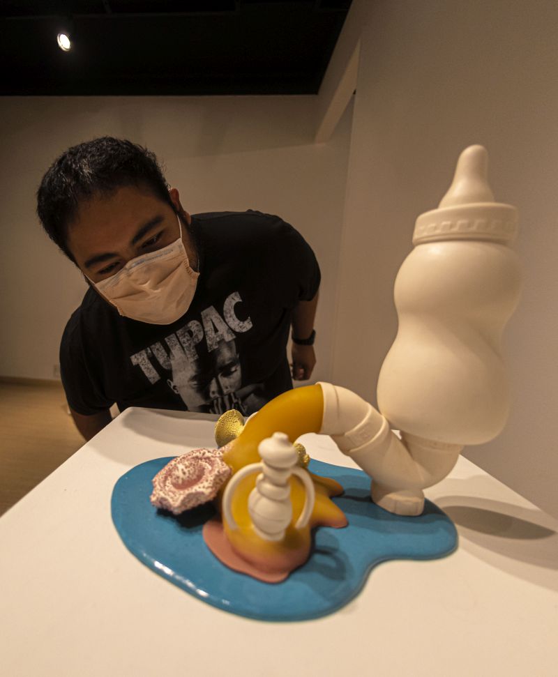 A student looks upon the work 'Baby Poop'