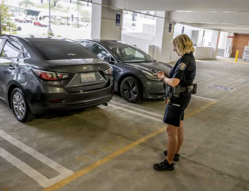 Campus safety officer writes vehicle a parking ticket. 