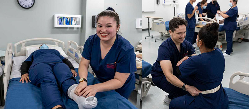 Students practice putting on compressions socks and lifting patients onto their feet