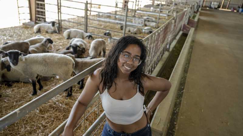 Student poses in front of sheep