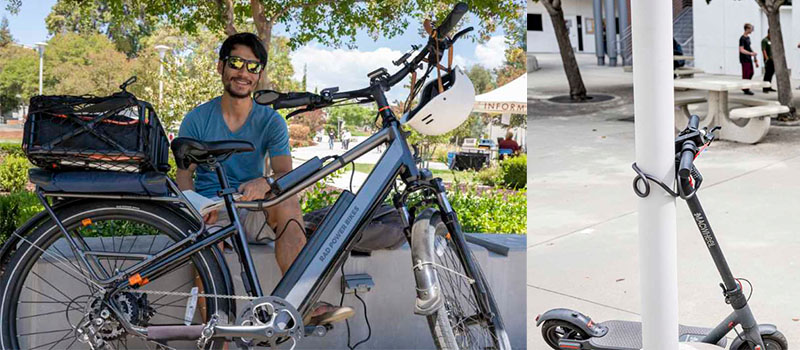 (Left) student with his e-bike. (Right) Motorized scooter is locked up. 