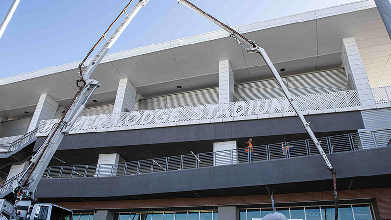 Close Up View of Hilmer Lodge Stadium Sign