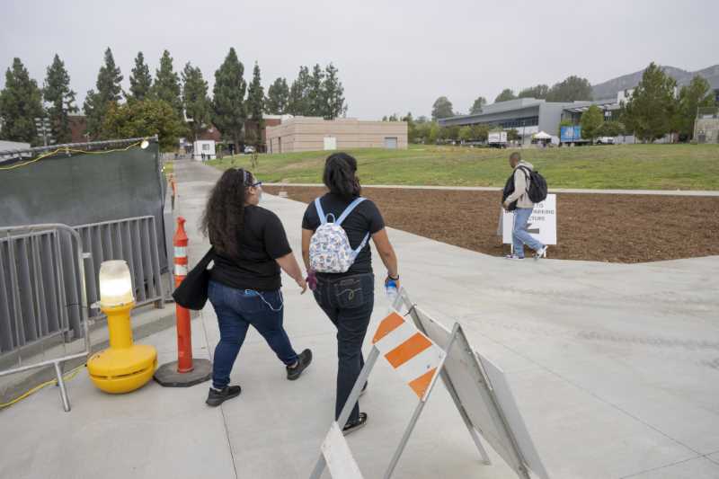 Students exit Pedestrian Bridge