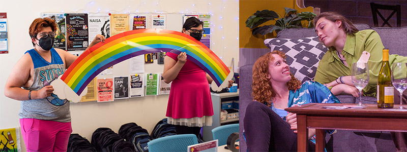 (L) Pride Center Students hold rainbow. (R) Students perform Stop Kiss