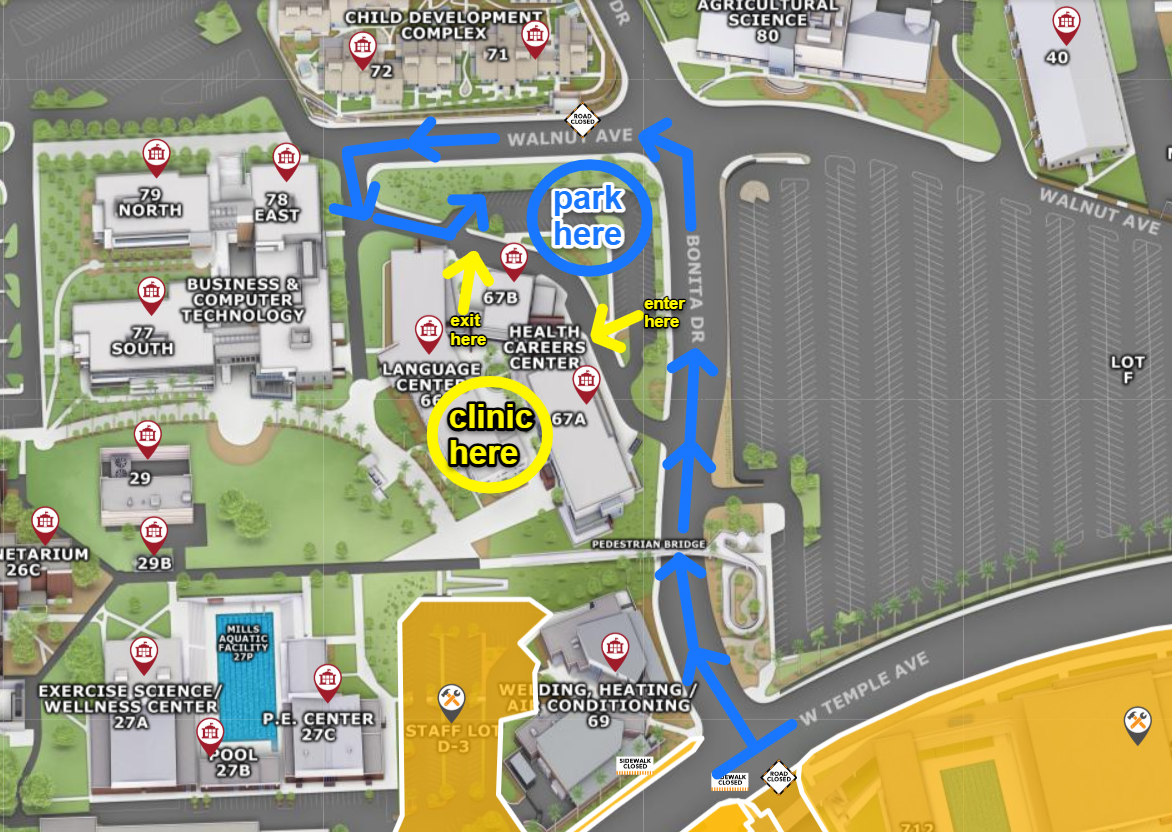 Map of clinic location. From Temple Avenue, head north to Bonita Avenue. The clinic is in the courtyard between Buildings 67A and 67B.