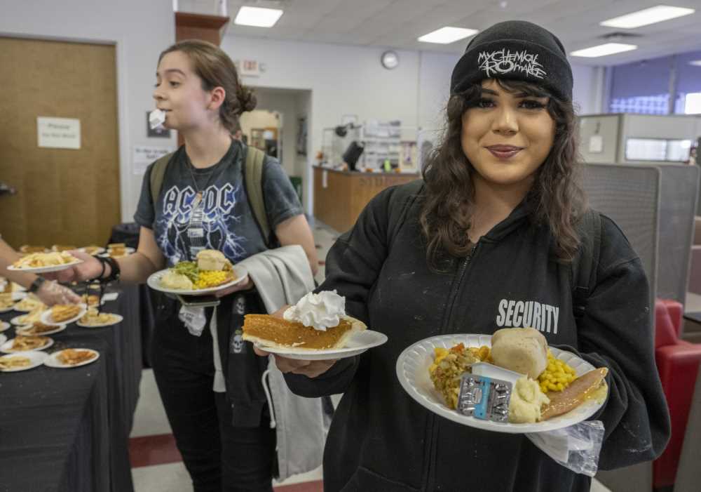 Students with their plates of food