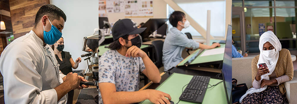 Photos of students in class, making espresso, and looking at their smartphone