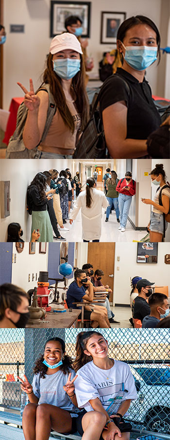 Photos of students in class, standing in hallway and giving peace symbols