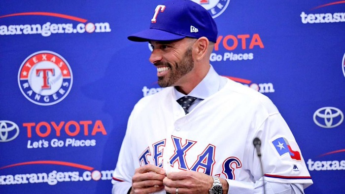Chris Woodward in Texas Rangers Jersey and Hat