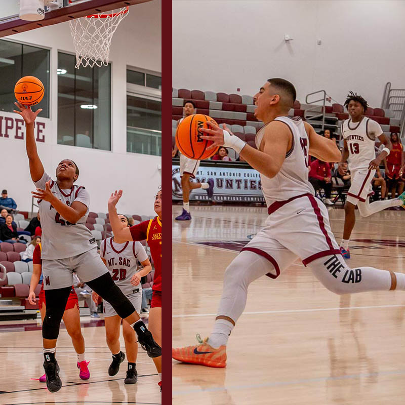 L - women's basketball player takes a shot. R- Mens basketball player runs for the hoop woith the ball L - women's basketball player takes a shot. R- Mens basketball player runs for the hoop woith the ball