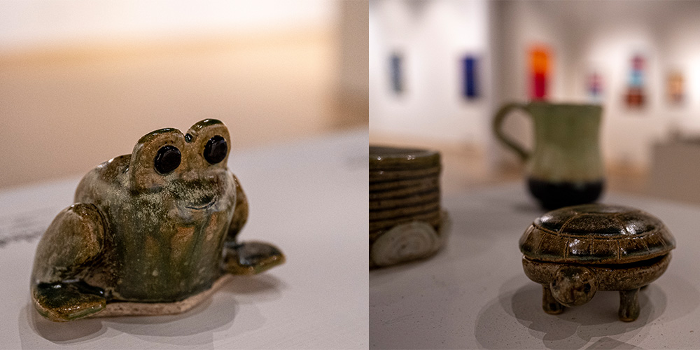 A frog and a turtle sculptures