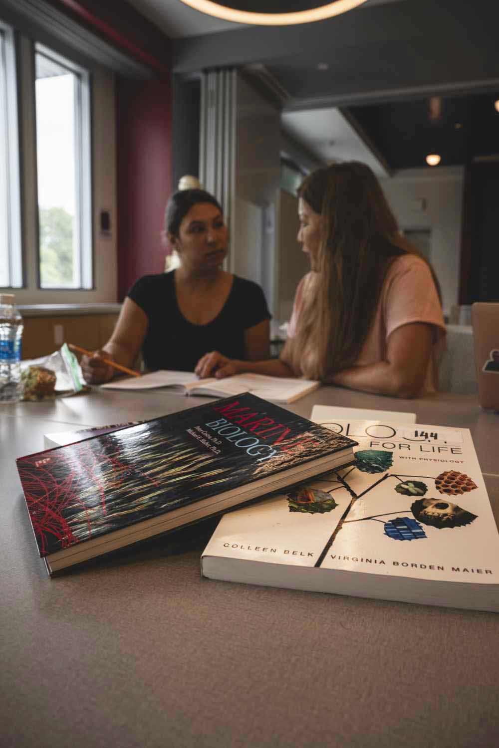 Textbooks in foreground with students studying in background