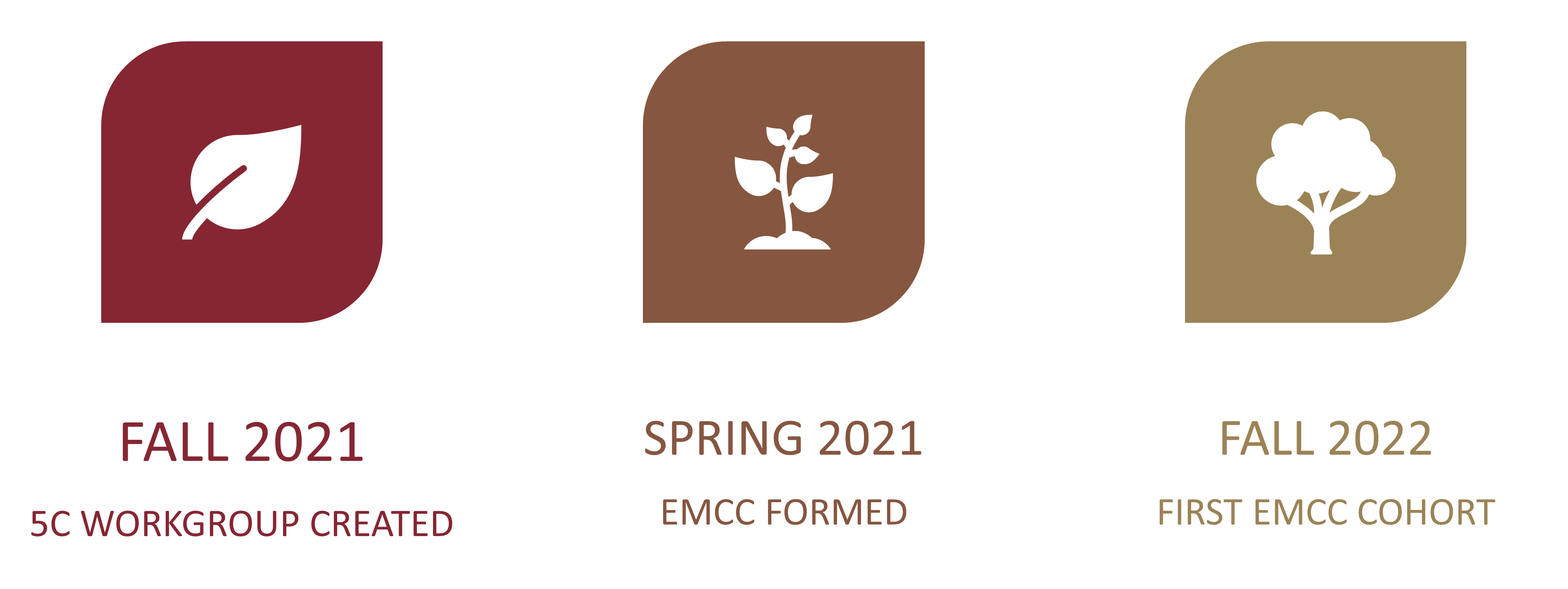 EMCC Timeline: Fall 2021 5C Workgroup Created, Spring 2021 EMCC Formed, Fall 2022 First EMCC Cohort
