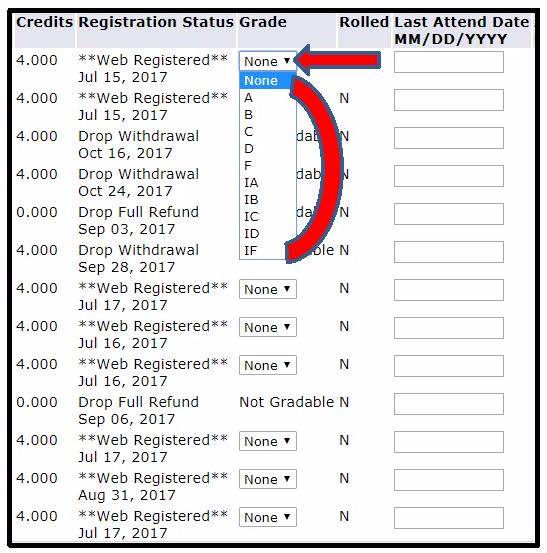 Picture of the drop down options for grades