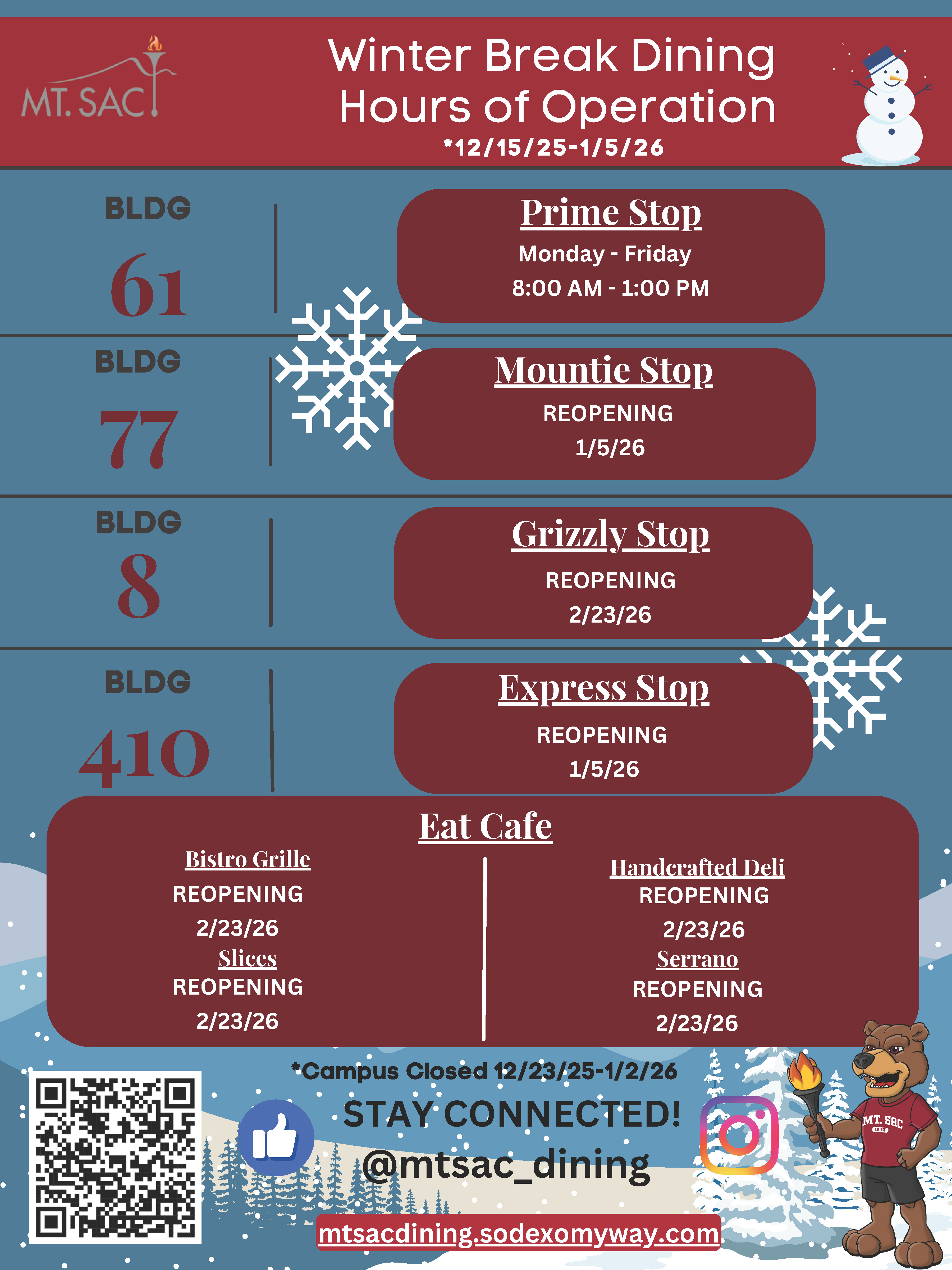 Sodexo Dining Hours of Operation - 12/15/25 - 1/5/26 Sodexo Dining Hours of Operation - 12/15/25 - 1/5/26