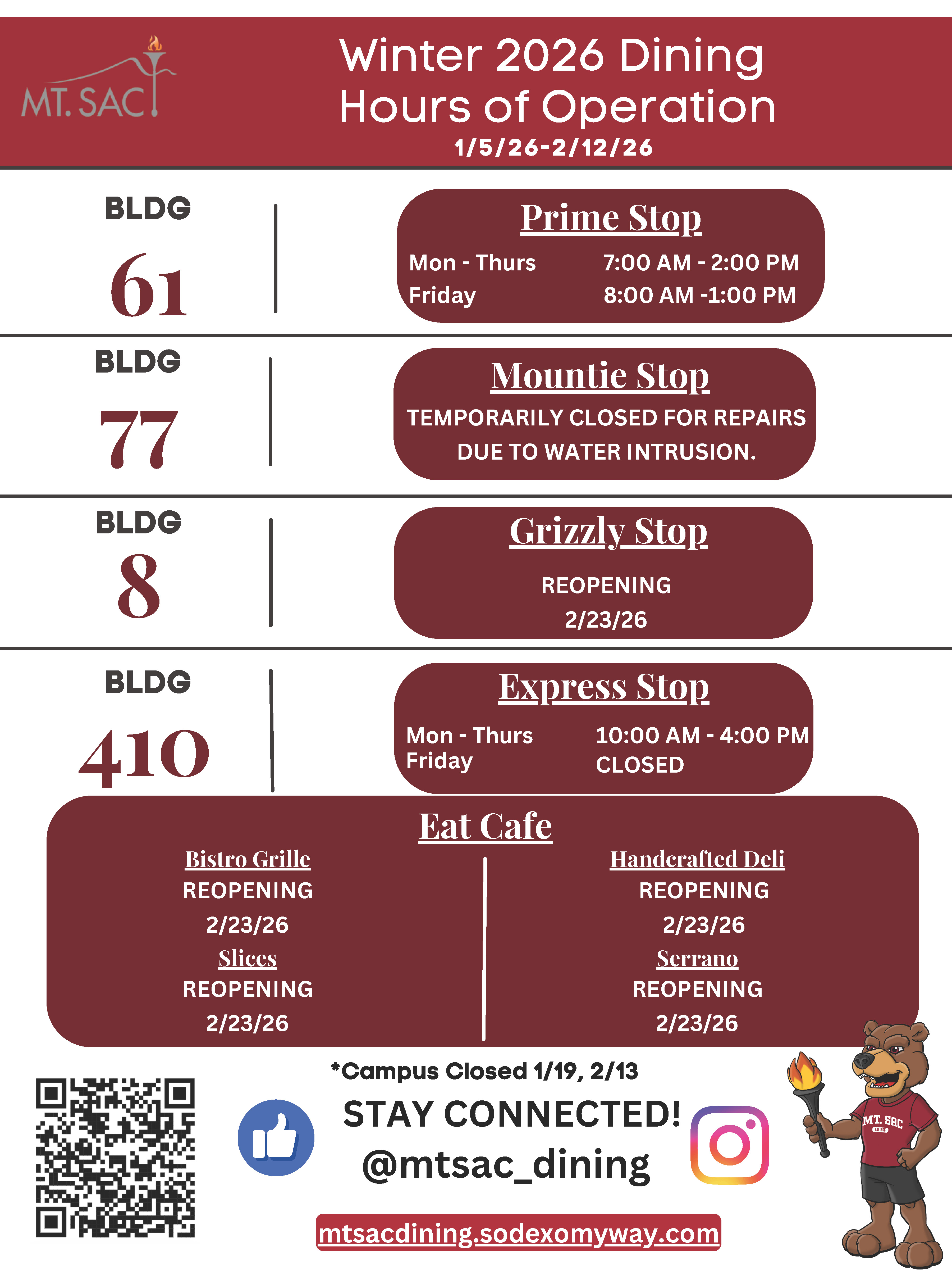 Sodexo Dining Hours of Operation - 1/5/26 – Thurs, 2/12/26