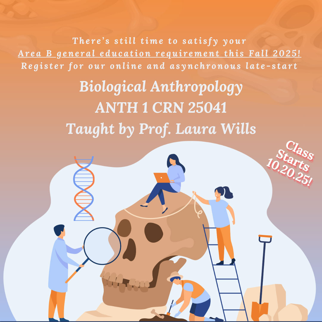 NEWLY OPENED 8-Week Online Async Biological Anthropology: ANTH 1 CRN 25041
