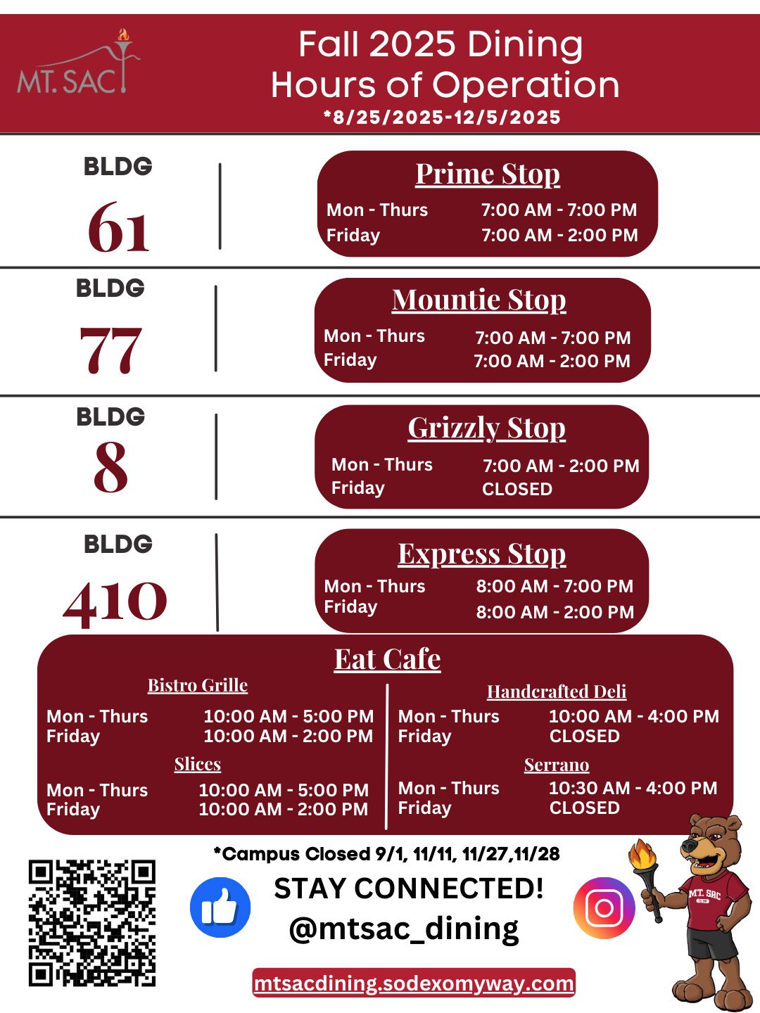 Fall 2025 Campus Dining Locations and Hours of Operation