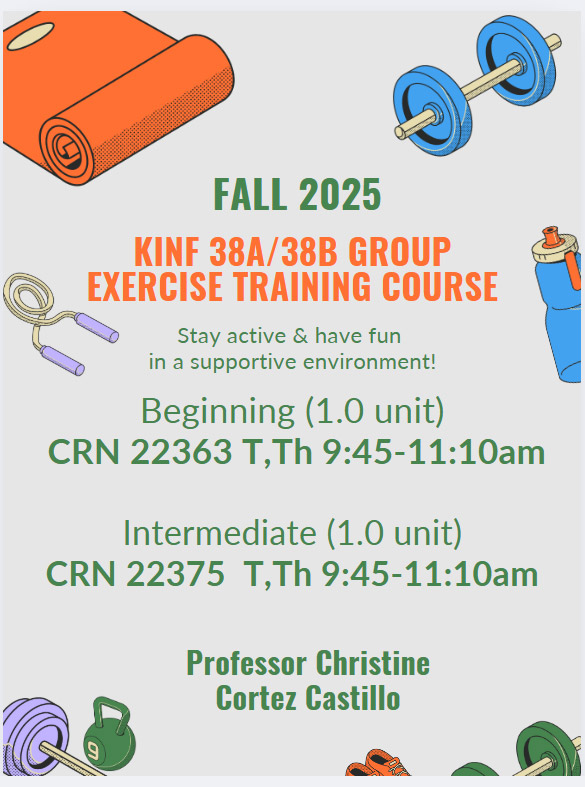 Open Fall 2025 KINF 38A/38B T,Th 9:45-11:10 Group Exercise Training Course