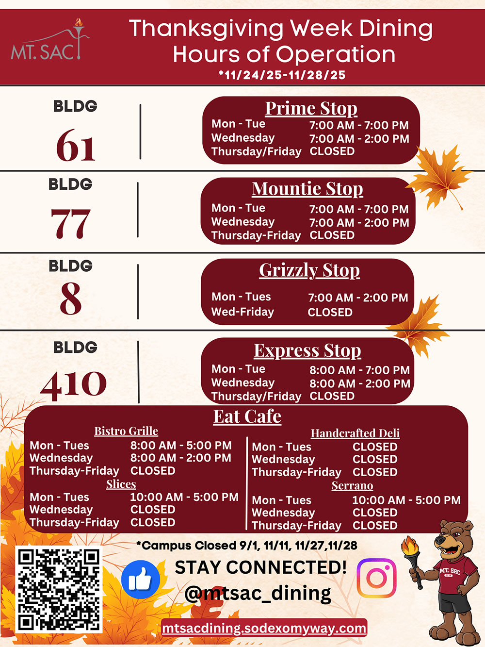 Thanksgiving Week - Dining Hours of Operation