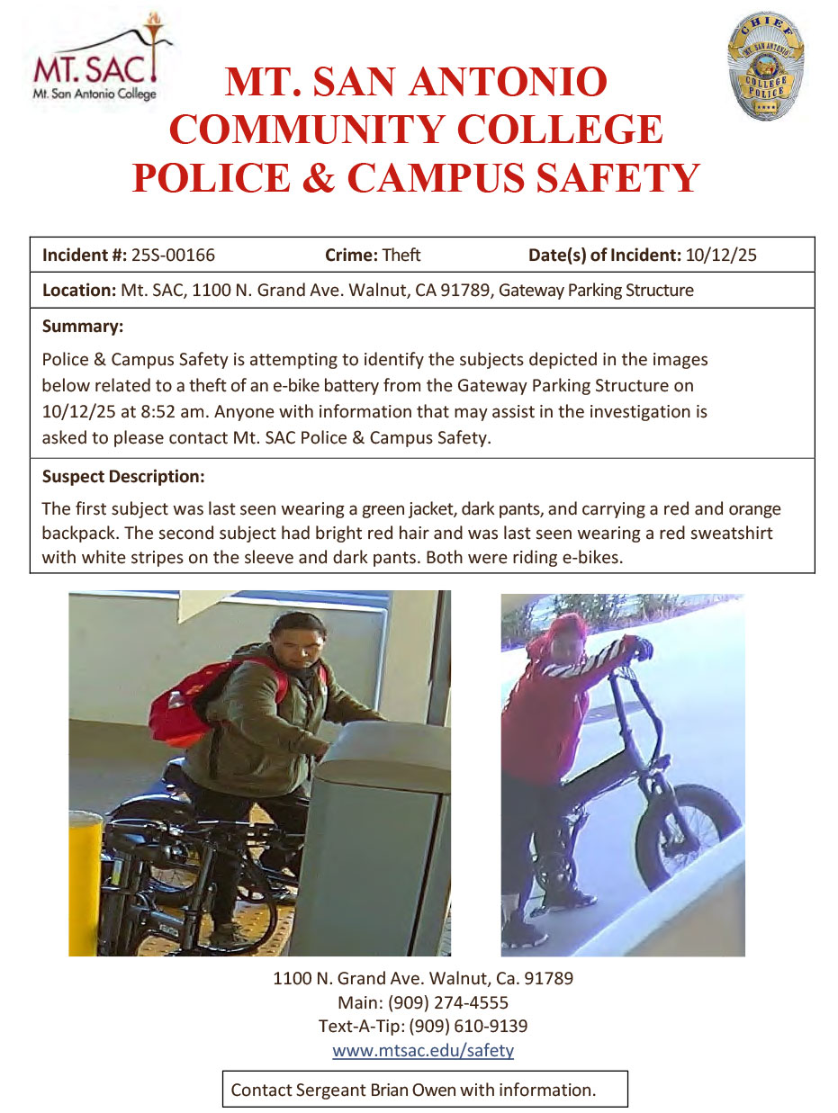 Campus Safety Message: Assistance Needed to ID Subjects Related to Theft Campus Safety Message: Assistance Needed to ID Subjects Related to Theft