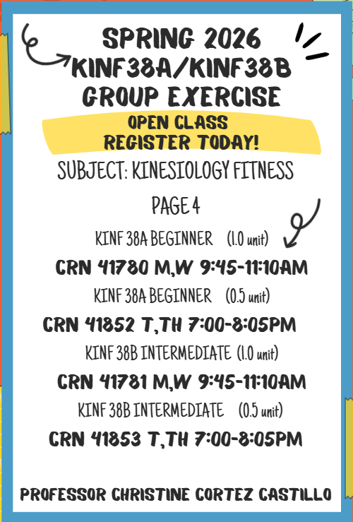 STAY FIT & HAVE FUN! KINF 38A Beginner (1.0 unit) CRN 41780 M,W 9:45-11:10am KINF 38A Beginner (0.5unit) CRN 41852 T,TH 7:00-8:05pm KINF 38B Intermediate (1.0 unit) CRN 41781 M,W 9:45-11:10am KINF 38B Intermediate (0.5unit) CRN 41853 T,TH 7:00-8:05pm STAY FIT & HAVE FUN! KINF 38A Beginner (1.0 unit) CRN 41780 M,W 9:45-11:10am KINF 38A Beginner (0.5unit) CRN 41852 T,TH 7:00-8:05pm KINF 38B Intermediate (1.0 unit) CRN 41781 M,W 9:45-11:10am KINF 38B Intermediate (0.5unit) CRN 41853 T,TH 7:00-8:05pm